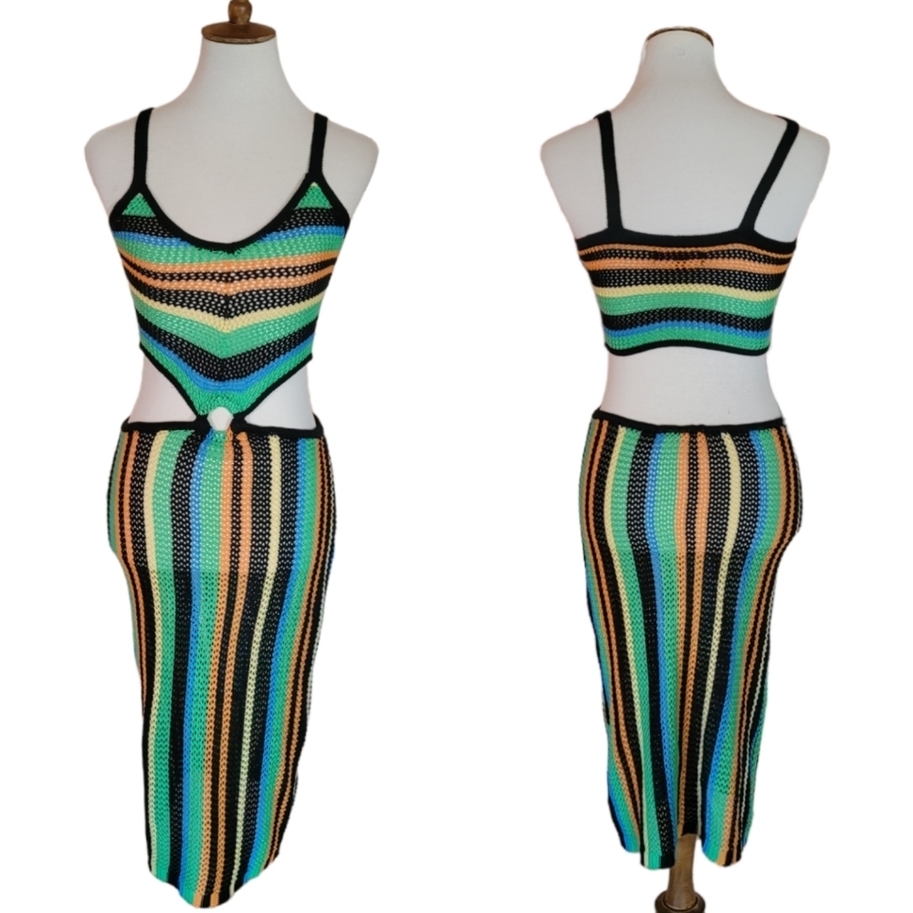 Y2K does 70's Multi-color Sheer Crochet Open Midriff Maxi Dress